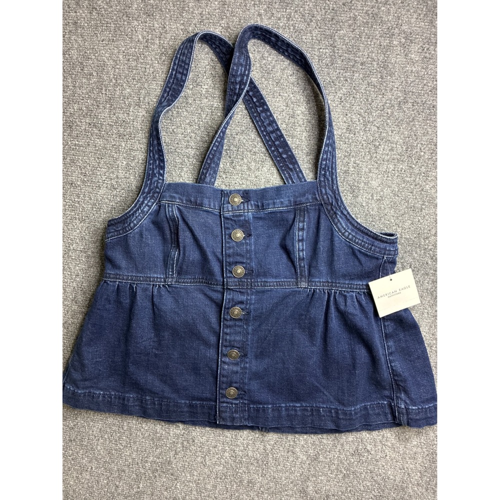 American Eagle Denim Peplum Cami Top Button Front Cross Back Dark Wash Med NWT